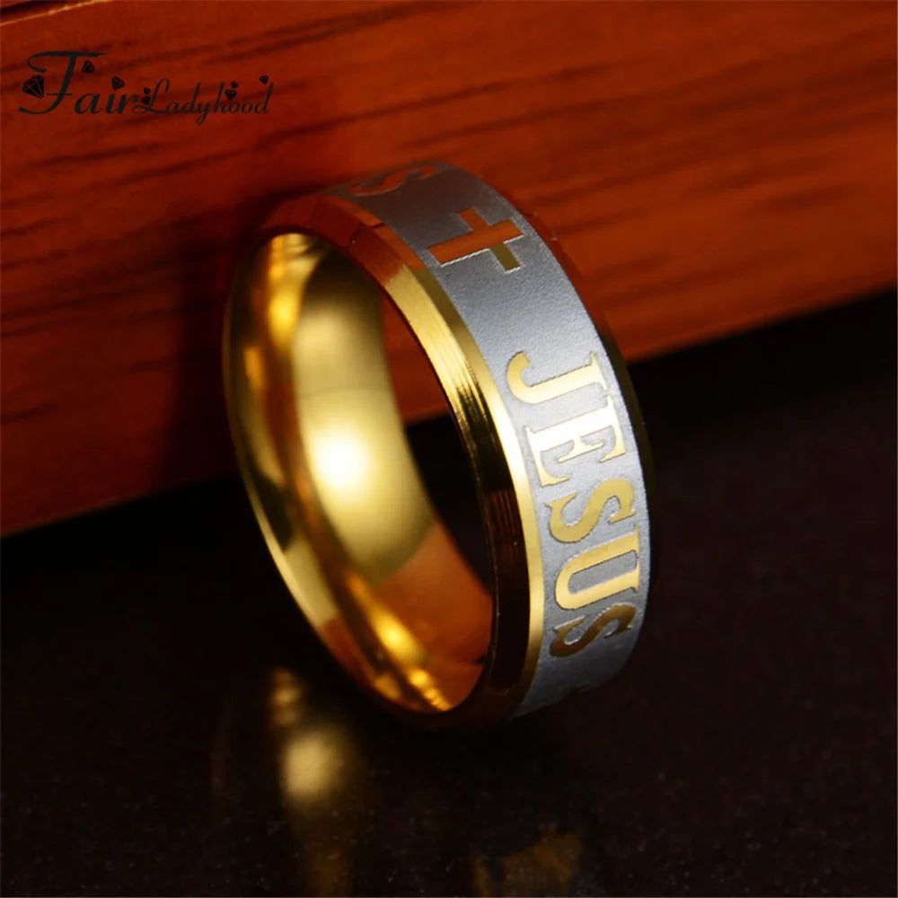 FairLadyHood TOP Quality Catholic 8mm Titanium Steel Silver Color Rose Gold Color Jesus Cross Letter Bible Wedding Band Ring Men