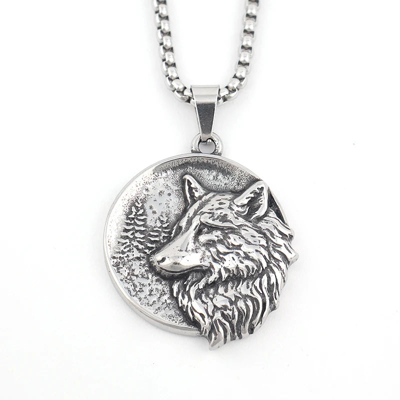 Wolf & Lion Pendant Necklace with Norse Runes Vintage Style Viking Tribal Chain for Men, Punk Biker Stainless Steel Jewelry Gift