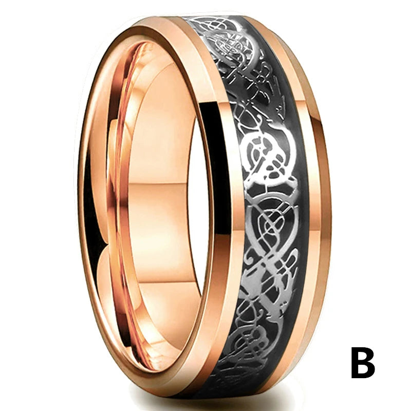 21 Colors 8mm Men's Stainless Steel Celtic Dragon Ring Inlay Red Green Black Carbon Fiber Ring Wedding Band Jewelry Size 6-13