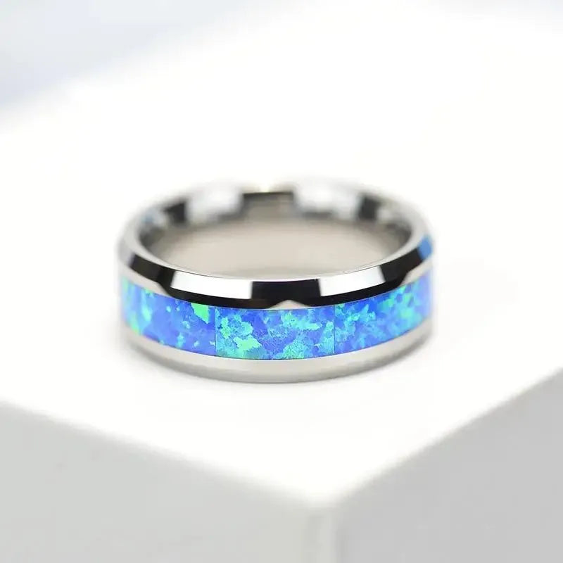 Fashion 8mm Men Stainless Steel Rings Inlay Blue Opal Never Faded Engagement Promise Rings For Men Women Wedding Band Jewelry