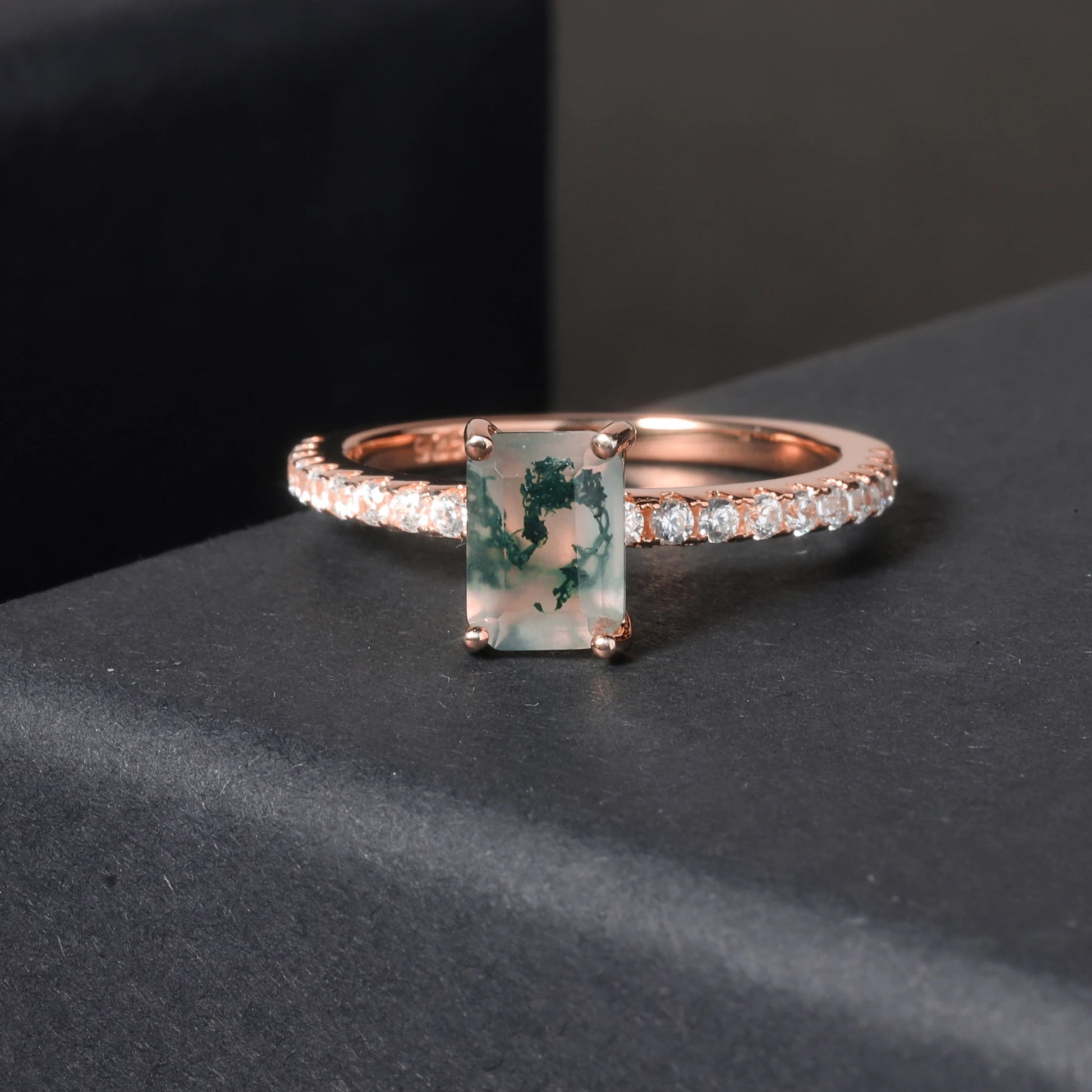 GEM'S BALLET Unique 0.88Ct 5x7mm Octagon Cut Pave Set Moss Agate Engagement Ring in 925 Sterling Silver Women's Gold Ring