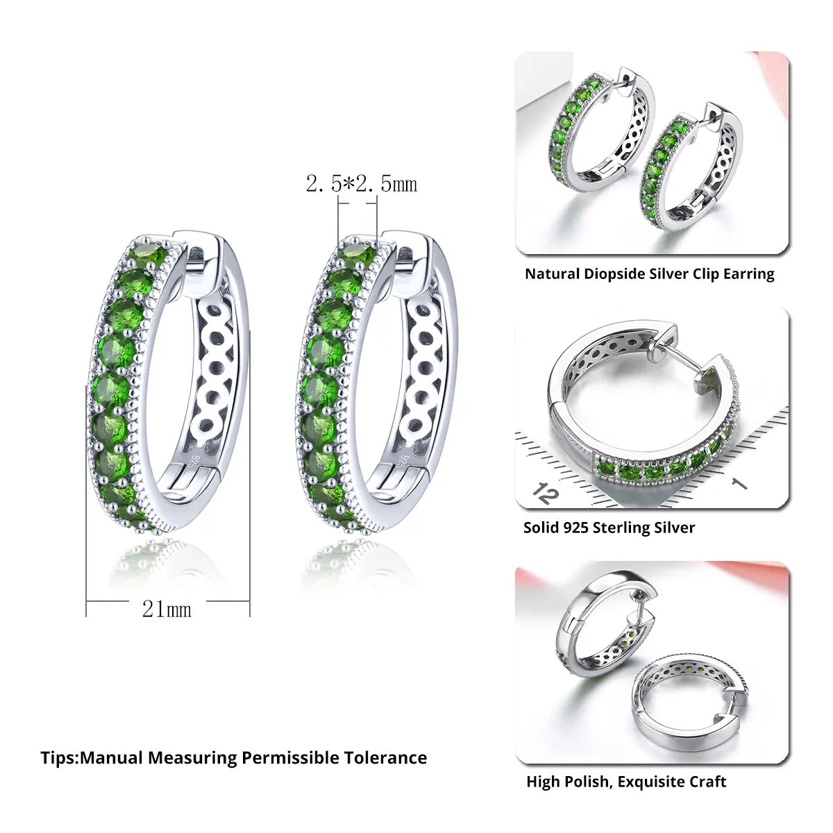 Natural Chrome Diopside Sterling Silver Hoop Earrings 1.5 Carats Genuine Gemstone Classic Style Fine Jewelrys S925 Gifts