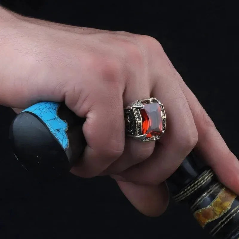 Retro Turkish Handmade Men Rings Vintage Carved Pattern Red/Blue/Rainbow Zircon Rings Rock Punk Islamic Muslim Wedding Jewelry