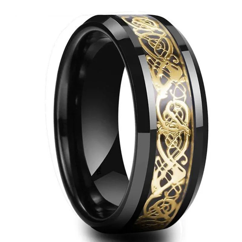 Fashion 8mm Men's Stainless Steel Celtic Dragon Ring Inlay Red Green Black Carbon Fiber Ring Wedding Band Charm Jewelry Gifts