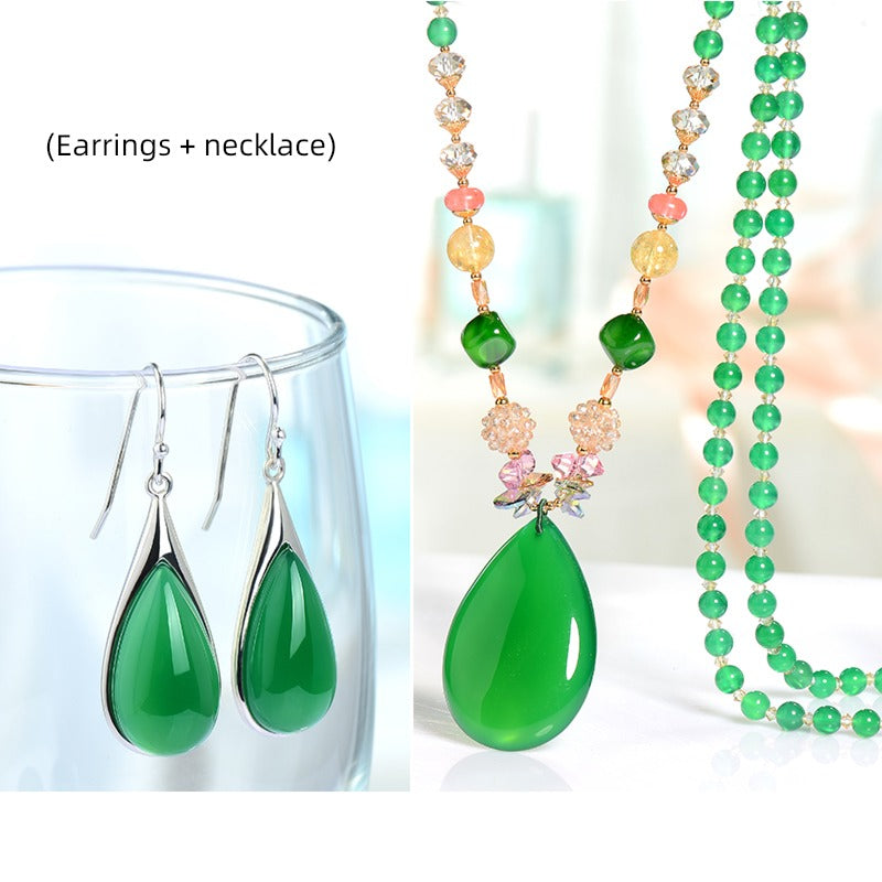 Women's Sterling Silver Long Special-Interest Design Ornament Green Agate Earrings + Necklace(Earrings + Necklace)
