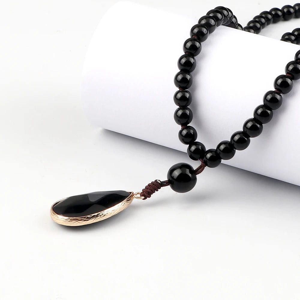 Shiny Black Onyx Natural Stone Beaded Necklaces&Bracelet Men 108 Japamala Pandent Prayer Necklace Handmade Women Healing Jewelry