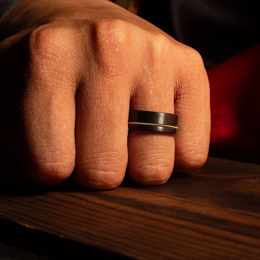 Fashion Black Stainless Steel Rings for Men With Guitar String Inlay Guitarist Ring For Musician Wedding Jewelry Drop Shipping
