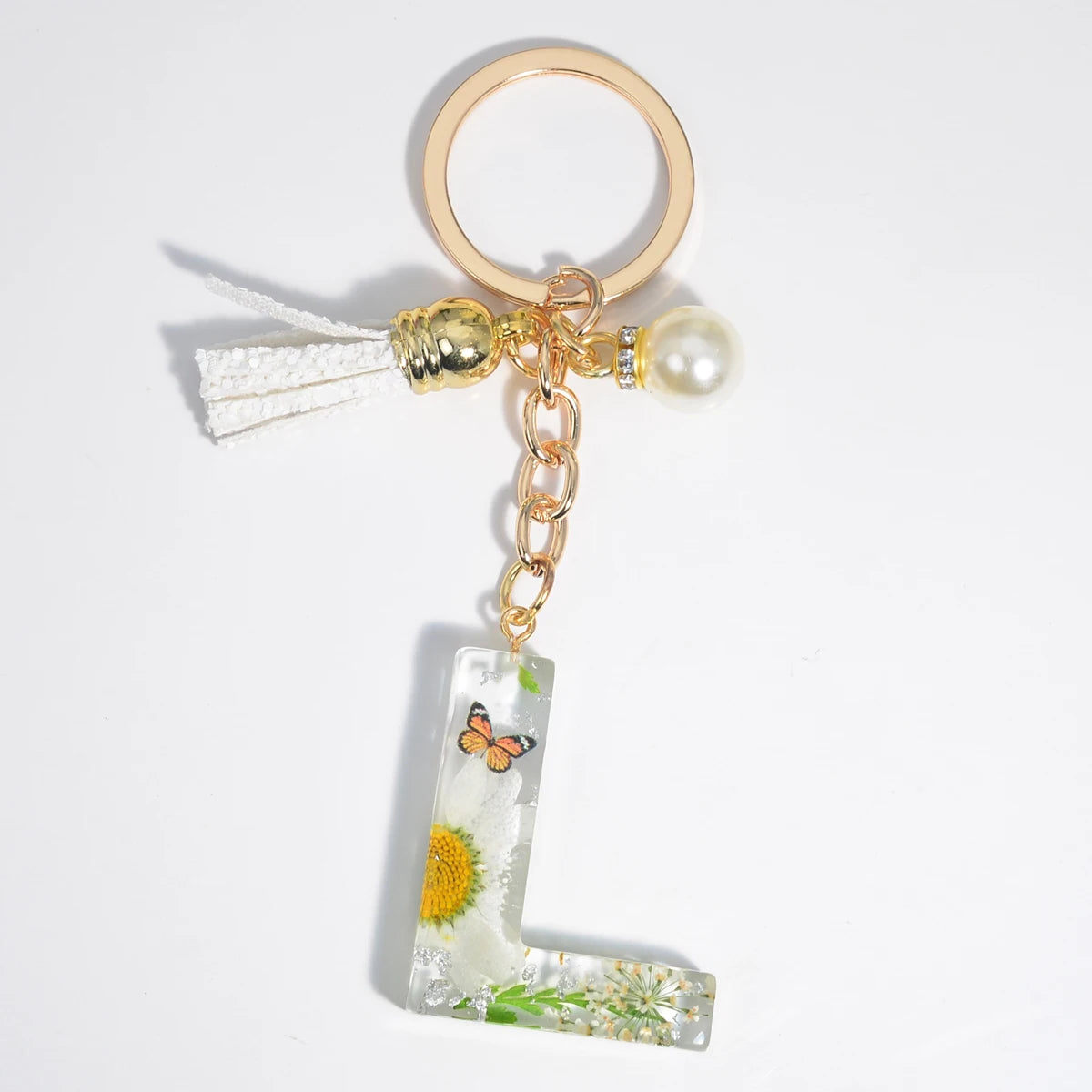 1Pc Letter Keychains Charms White Chrysanthemum Alphabet Resin Keyring Women Exquisite Bag Ornaments Flower Key Holder Gift SKC-Y07-L CHINA