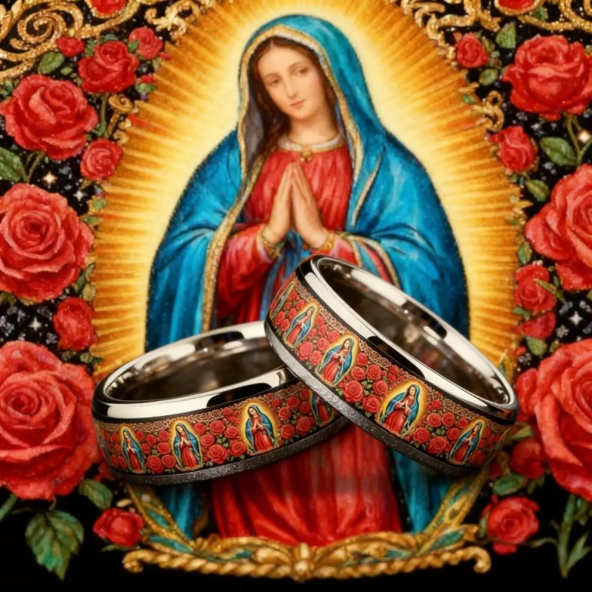 Vintage Our Lady of Guadalupe Ring Stainless Steel Christian Virgin Mary Rings For Men Women Religious Lucky Amulet Jewelry Gift