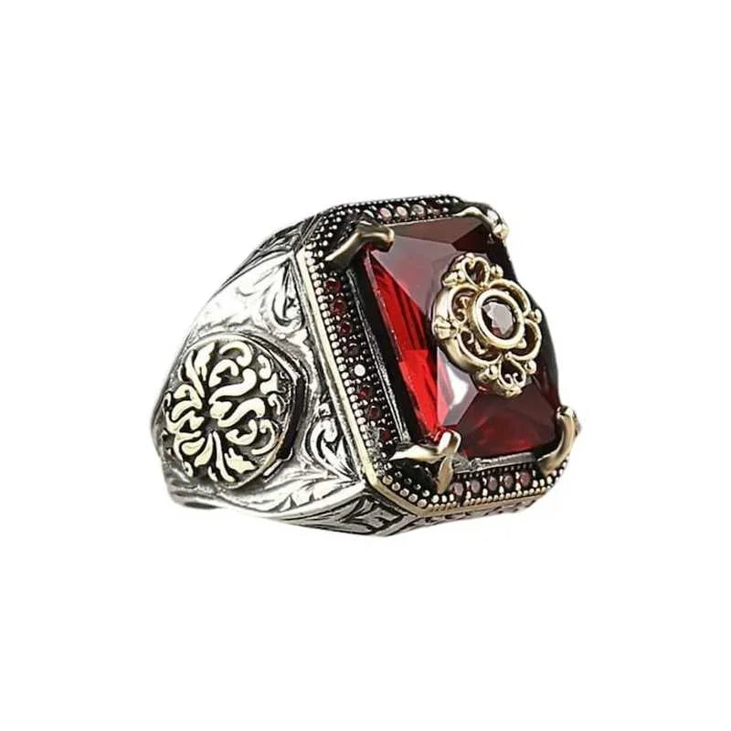 Retro Handmade Turkish Signet Ring for Men Women Ancient Silver Color Carved Eagle Ring Inlaid Red Zircon Punk Motor Biker Ring