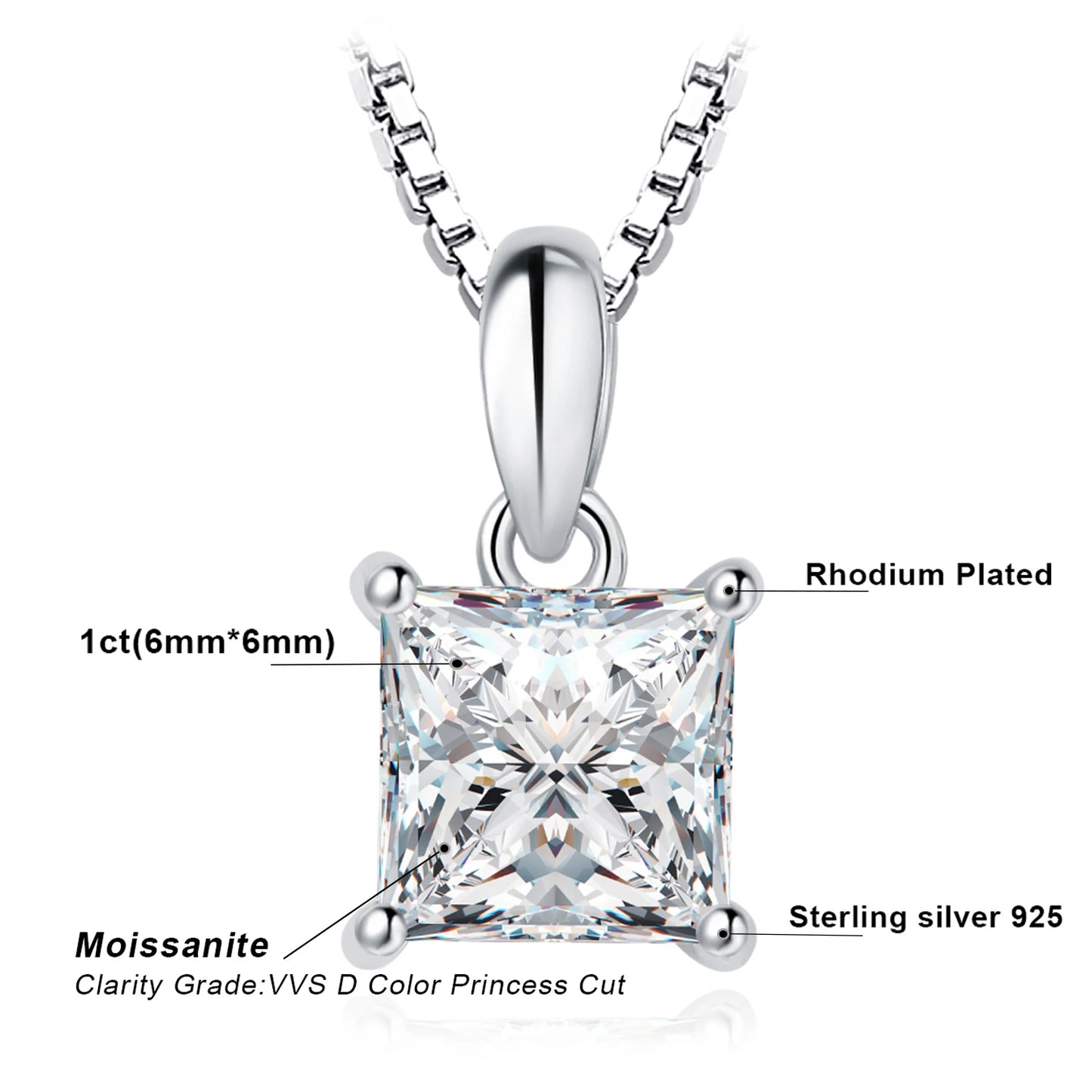 JewelryPalace Moissanite D Color 1ct Princess 925 Sterling Silver Pendant Necklace for Woman No Chain Yellow Rose Gold Plated