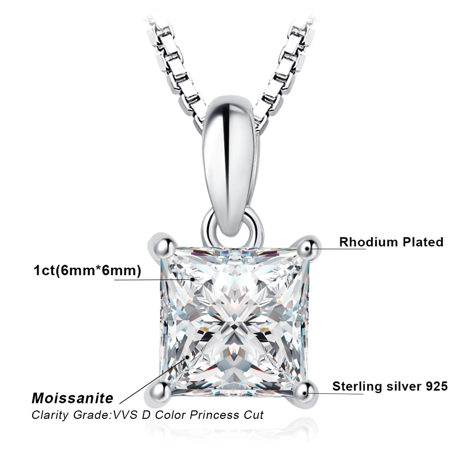 JewelryPalace Moissanite D Color 1ct Princess 925 Sterling Silver Pendant Necklace for Woman No Chain Yellow Rose Gold Plated