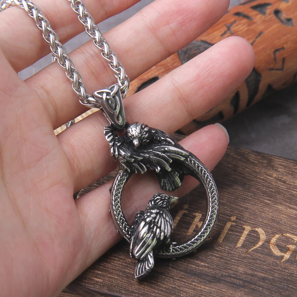Nordic mythology Odin Huginn and Muninn pendant necklace viking Raven necklace stainless steel never fade with wooden box