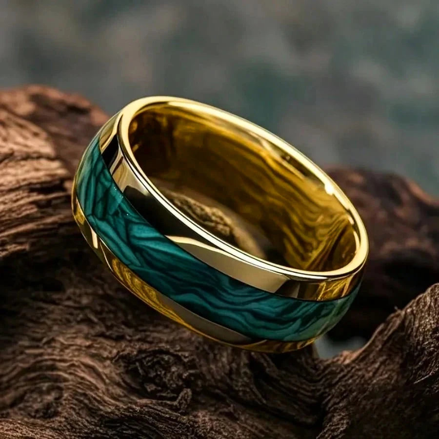 Fashion 8MM Gold Color Stainless Steel Rings For Men Domed Green Abalone Shell Inlay Rings Wedding Engagement Jewelry Gift