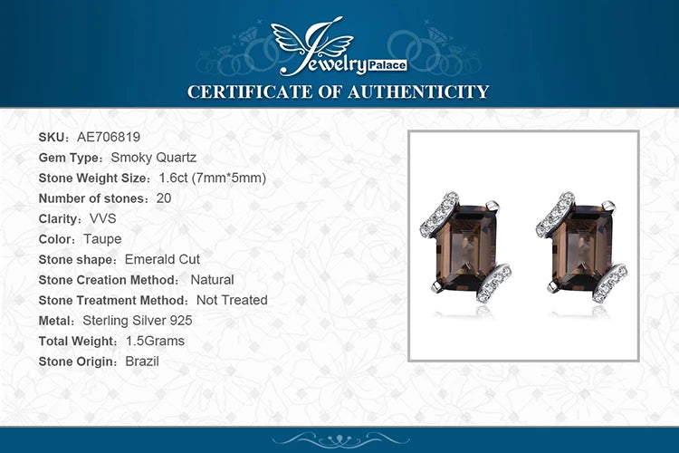 Jewelrypalace Emerald Cut 1.6ct Genuine Smoky Quartz 925 Sterling Silver Earrings for Woman Statement Gemstone Jewelry Gift