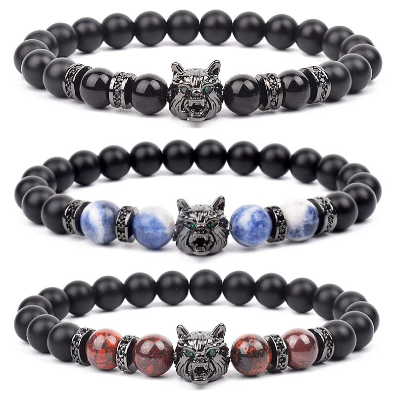 Wolf Charm Bracelets Men Natural Black Agates Onyx Stone Bracelet Brave Blue Tiger Eye Elastic 8 mm Beads Jewelry Beaded Pulsera