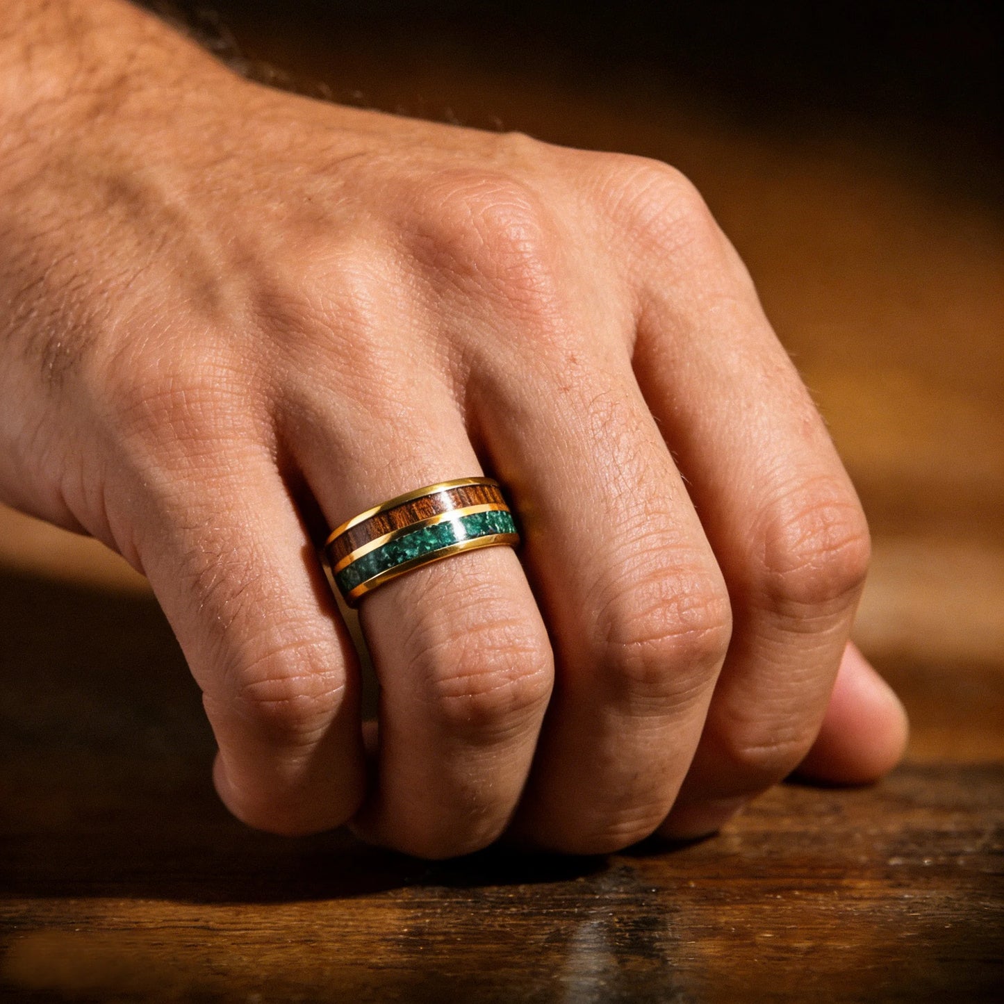 With Malachite and Koa Wood Inlay Fashion 8mm Golden Men Stainless Steel Rings for Men Wedding Band Jewelry Gift Drop Shipping
