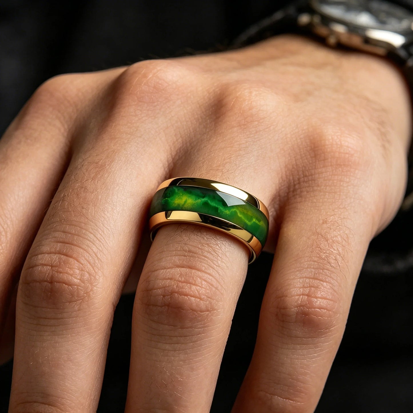 Fashion Men's Stainless Steel Rings Artificial Green Agate Stone Inlay Jewelry Suitable for Daily Wear, Gift for Him Non-Fade