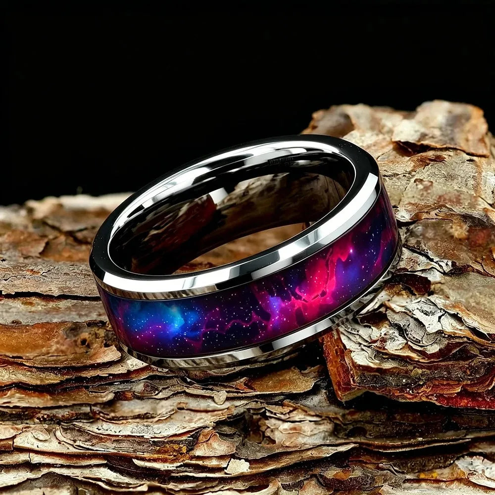 Wedding Band Jewelry Unique Mysterious Colorful Gradient Nebula Pattern Rings , 8mm Cosmic Starry Sky Stainless Steel Men Ring