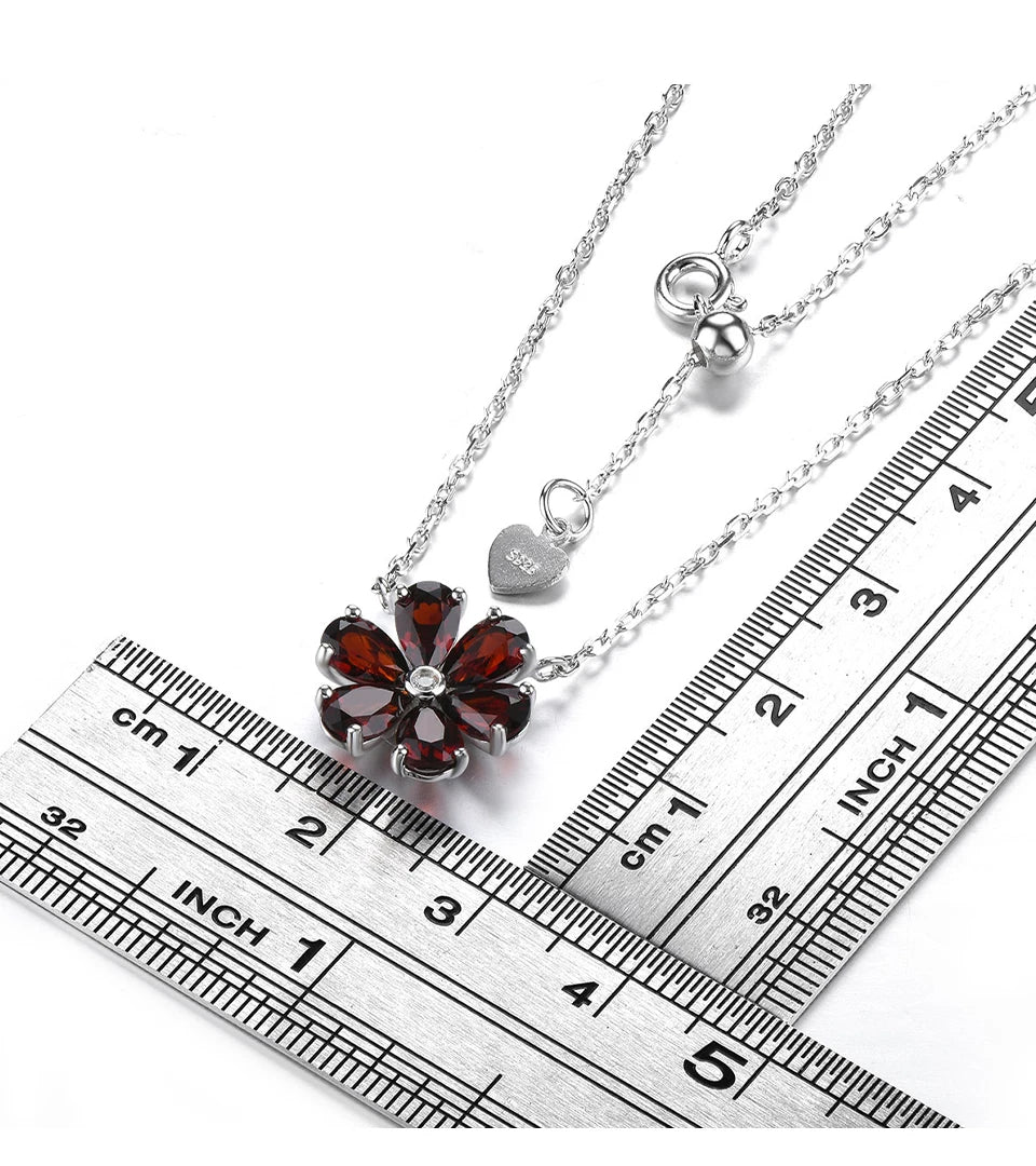 Natural Red Garnet Solid Sterling Silver Necklace 2.68 Carats Genuine Birthstone Romantic Flower Design S925 Fine Jewelry Gifts