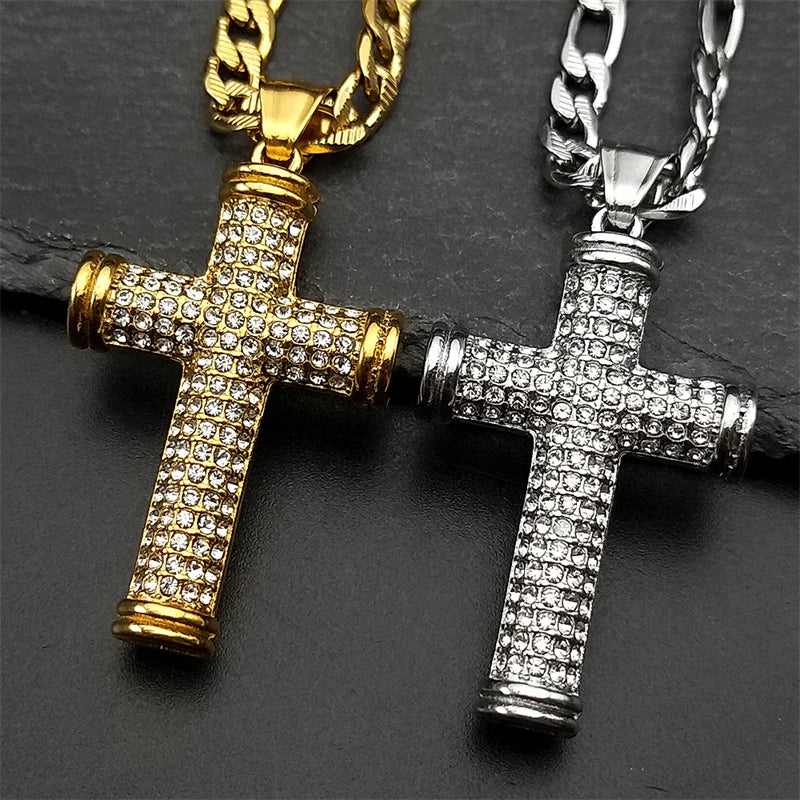 Christian Full Rhinestones JESUS CROSS Pendant Necklaces for Women Men Stainless Steel Gold Color Chain Amulet Necklace Jewelry