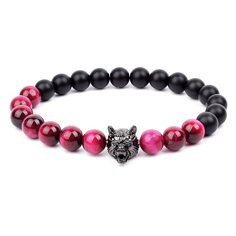 Wolf Charm Bracelets Men Natural Black Agates Onyx Stone Bracelet Brave Blue Tiger Eye Elastic 8 mm Beads Jewelry Beaded Pulsera Rose tiger eye