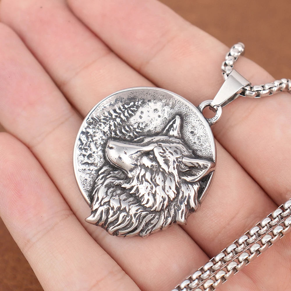 Wolf & Lion Pendant Necklace with Norse Runes Vintage Style Viking Tribal Chain for Men, Punk Biker Stainless Steel Jewelry Gift