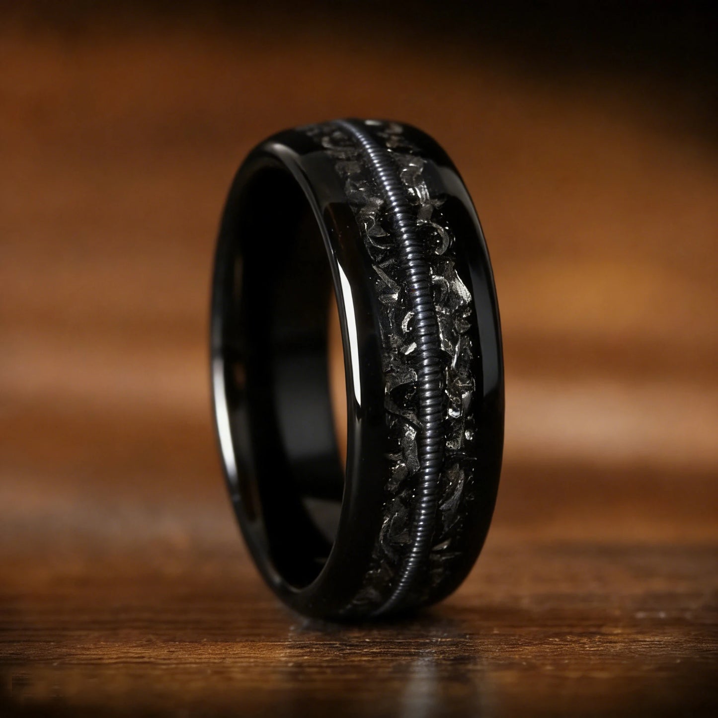 Fashion 8mm Black Stainless Steel Guitar String Rings for Men With Meteorite Inlay Guitarist Ring Men Wedding Band Jewelry