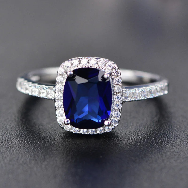 Classic Square Blue Engagement Ring Platinum Plated 925 Silver Jewelry