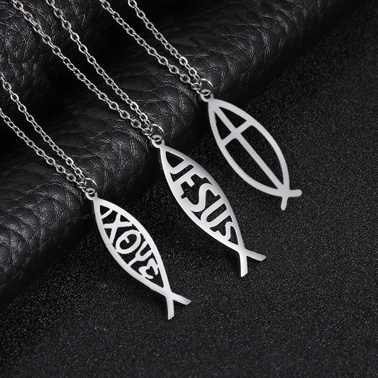 LIKGREAT Christian Jesus Fish Pendant Necklace for Women Stainless Steel Ichthys Faith Pray Choker Jewelry Valentine's Day Gifts