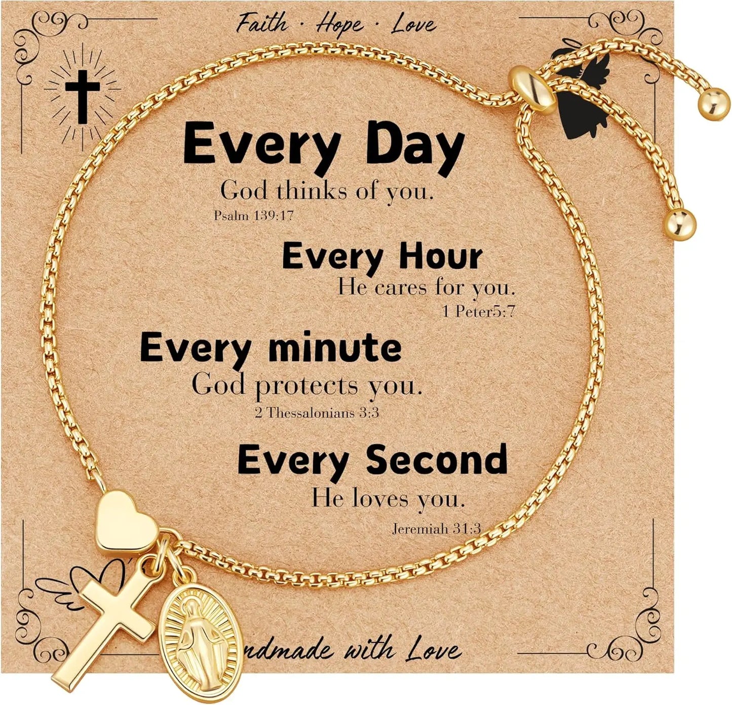 18k Gold Catholic Virgin Mary Cross Heart Bracelet Gift for Women Confirmation First Communion Religious Christian Faith Jewelry
