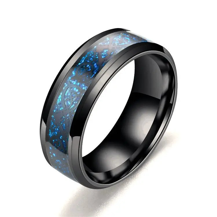 Fashion 8mm Black Stainless Steel Dragon Rings For Men Women Inlaid Blue Carbon Fiber Men Rings Punk Wedding Band Jewelry Gifts