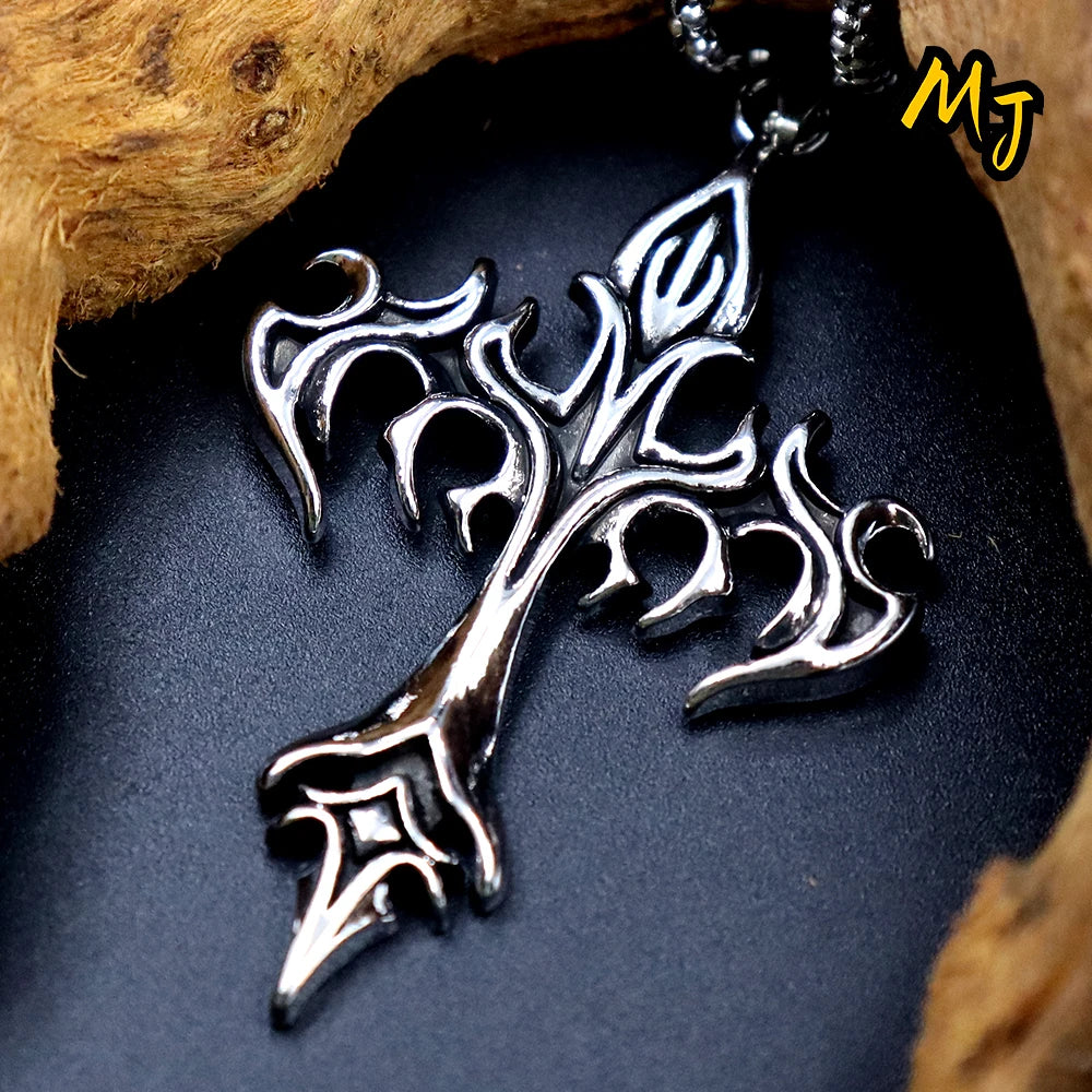 Vintage Men's Gothic Flame Cross Pendant Necklace Alloy Motorcycle Club Gothic  DragonEnwined Skull Cross Halloween Jewelry Gift