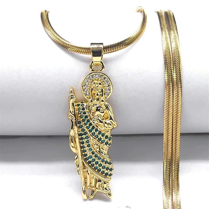 San Judas Tadeo Necklace Zircon Copper Religion Pendant Stainless Steel Snake Chain Saint Jude Thaddeus Necklaces Jewelry NGG43