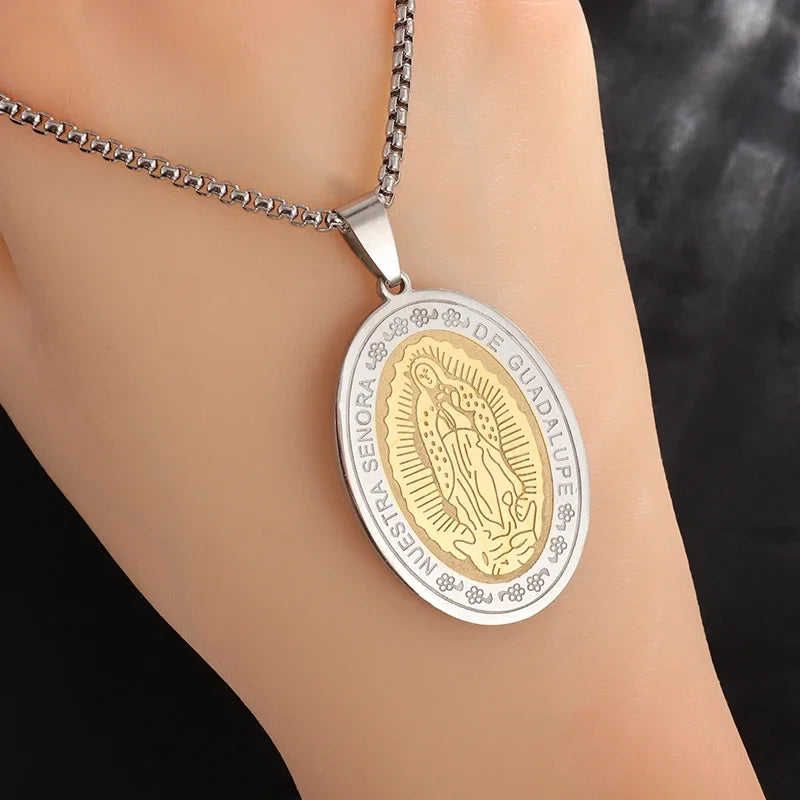 Classic Catholic Virgin Mary Square Pendant Necklace for Men Women Christian Religious Prayer Amulets Jewelry Gifts