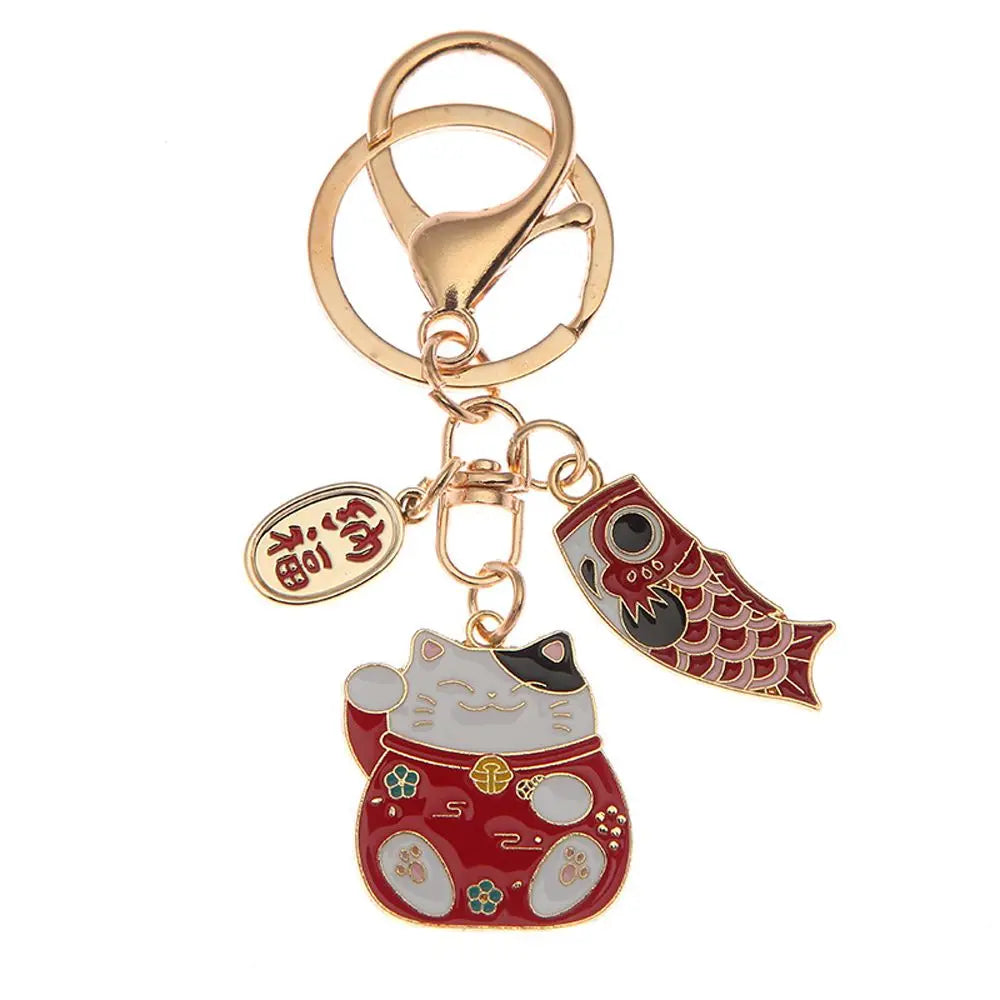 Japanese Style Maneki Neko Keychain Carp Streamer Key Chain For Women Metal Lucky Key Chains Car Bag Pendent