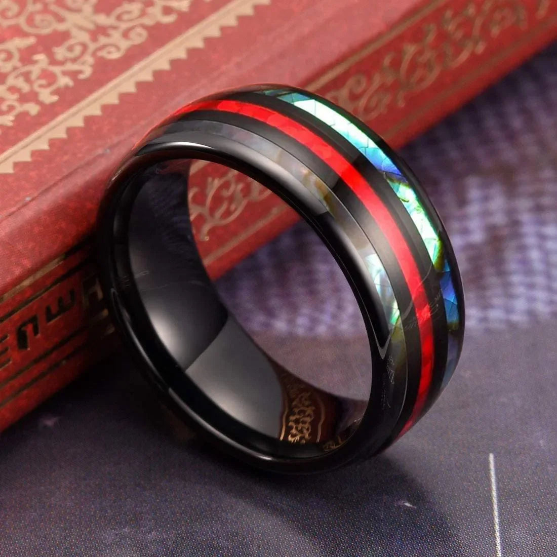 Fashion 8MM Rose Gold Color Stainless Steel Rings For Men Women Colorful Abalone Shell  Inlaid Men Rings Wedding Party Jewelry