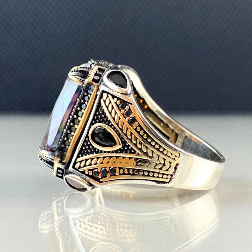Retro Handmade Turkish Signet Rings For Men Ancient Silver Color Carved Eagle Ring Mystic Zircon Inlay New Punk Motor Biker Ring