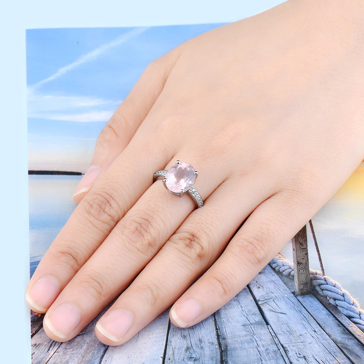 Natural Rose Quarts Sterling Silver Ring 4.2 Carats Genuine Gemstone Light Gentle Pink Crystal S925 Women Anniversary Gifts