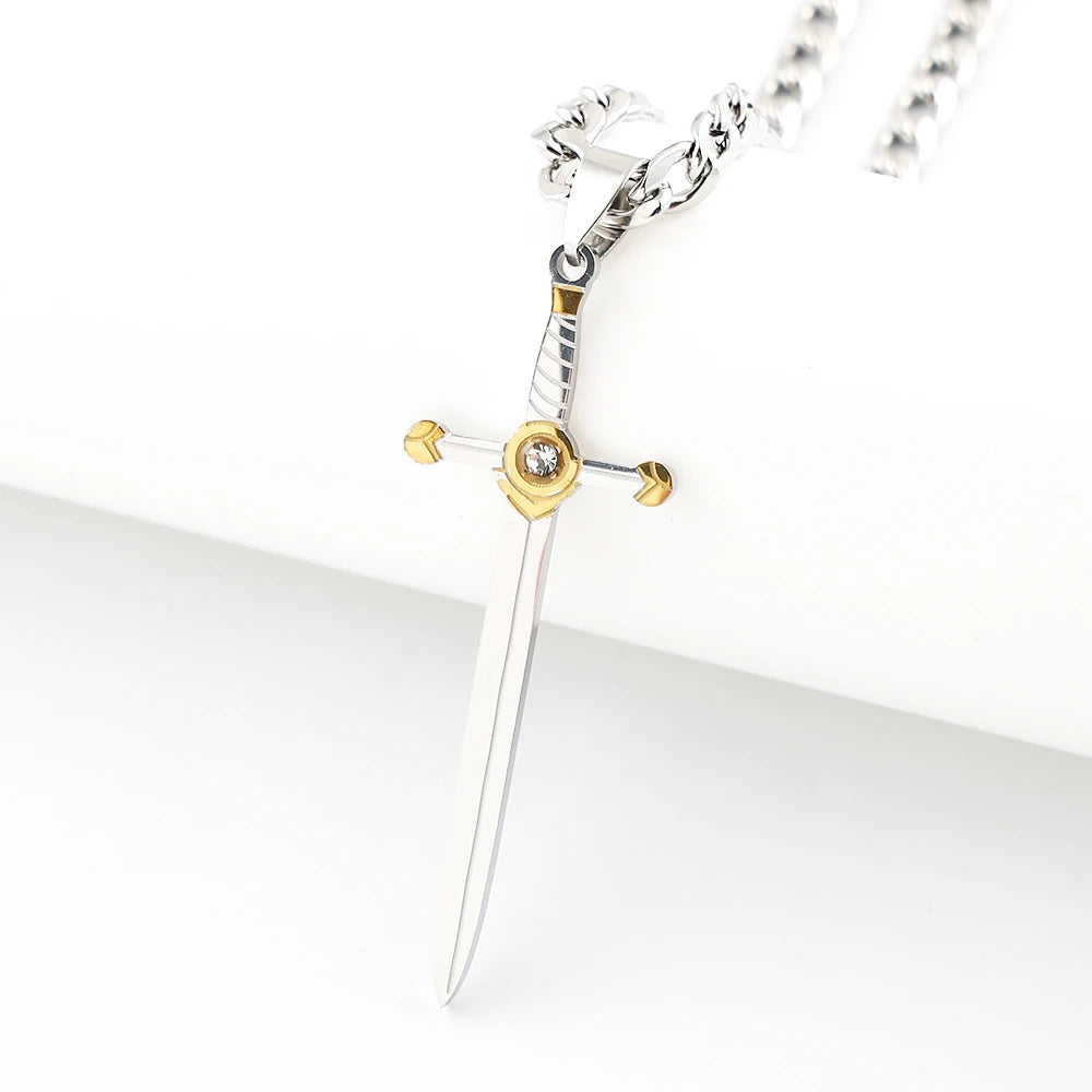 Archangel Saint Michael with Sword Protect Us Stainless Steel Pendants Necklace for Women Men Two-Tone Chain Necklaces Jewelry