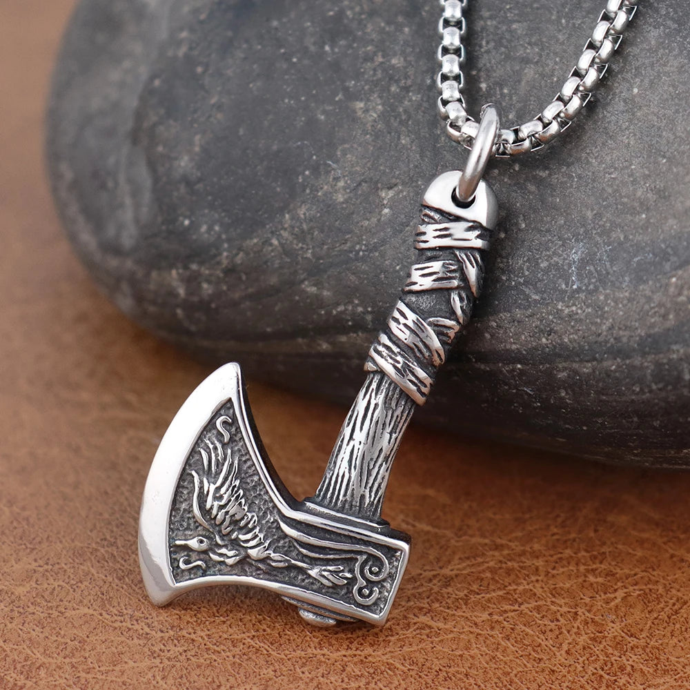 Retro Viking Wolf and Odin Crow Axe Pendant Boutique Stainless Steel Nordic Necklace for Birthday Gift Popular Jewelry