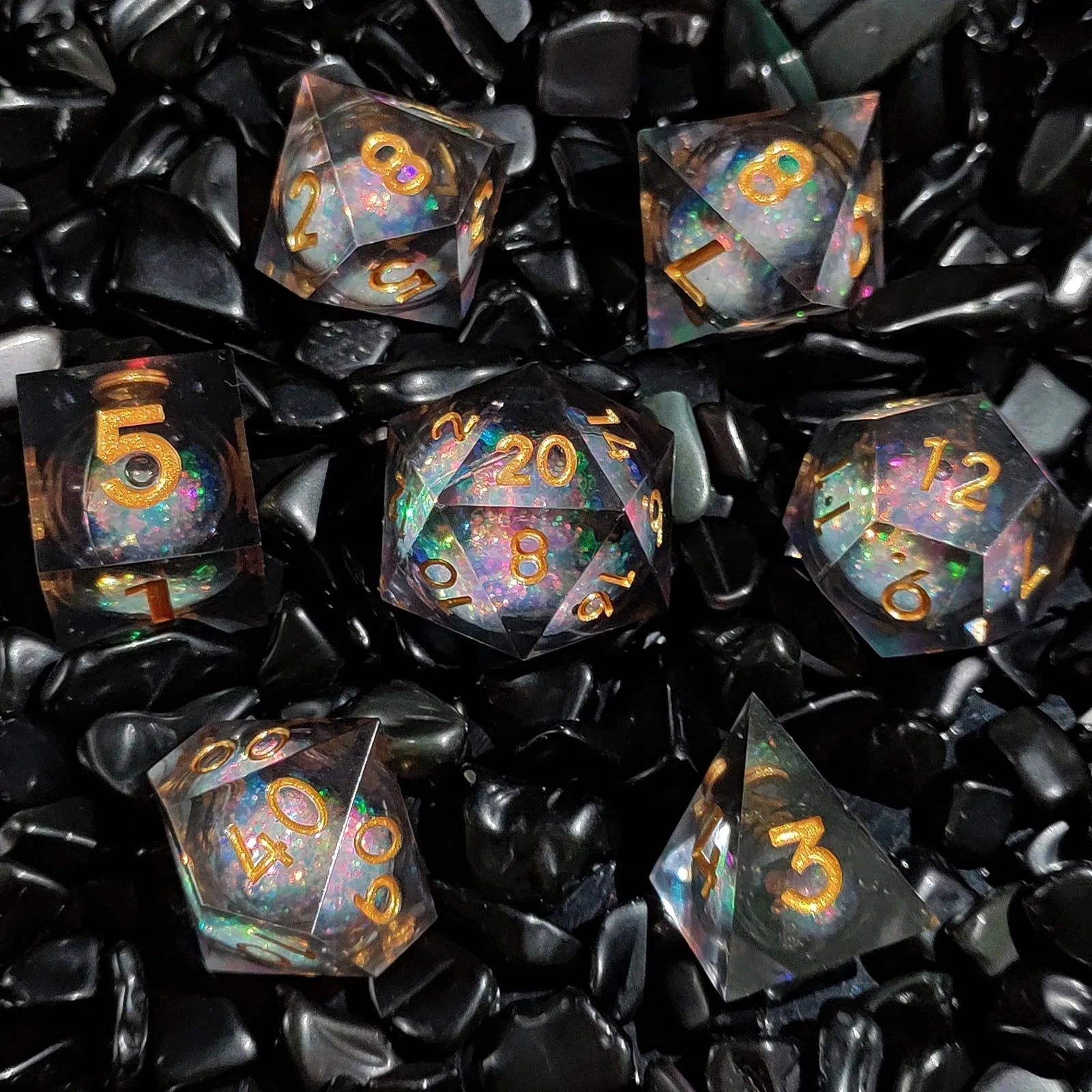 7pcs Black Golden Quick Sand Resin DND Sharp Edge Dice Set for Dungeon and Dragon RPG Board Game Role-playing D&D Dice D4 D6~D20 7pcs Black Golden