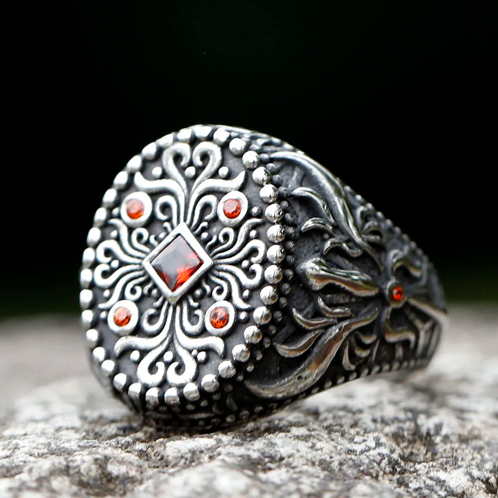 2022 New Unique Design Stainless Steel Turkish Stone Ring Vintage Pattern Men's Ring Retro National Style Jewelry Gift