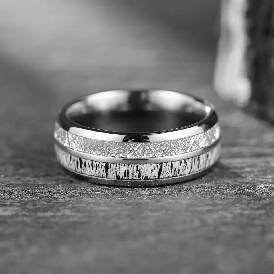 Fashion 8mm Men Stainless Steel Ring Rose Gold Color Brushed Wood Inlay Rings for Men Women Wedding Band Jewelry Birthday Gifts