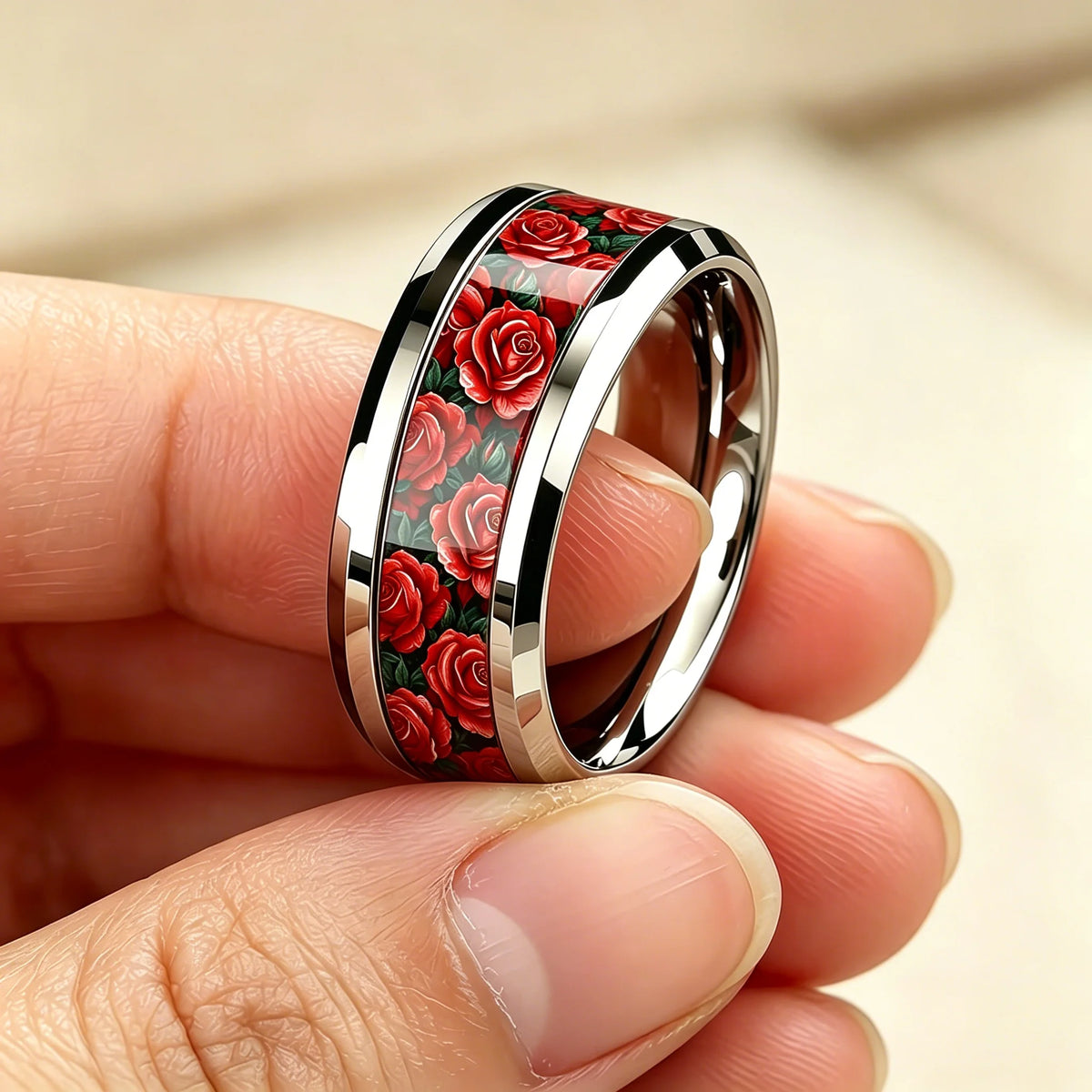 Women's Stainless Steel Ring Red Rose Flower & Green Leaves Inlay Wedding Band Romantic Valentine Floral Pattern Finger Jewelry
