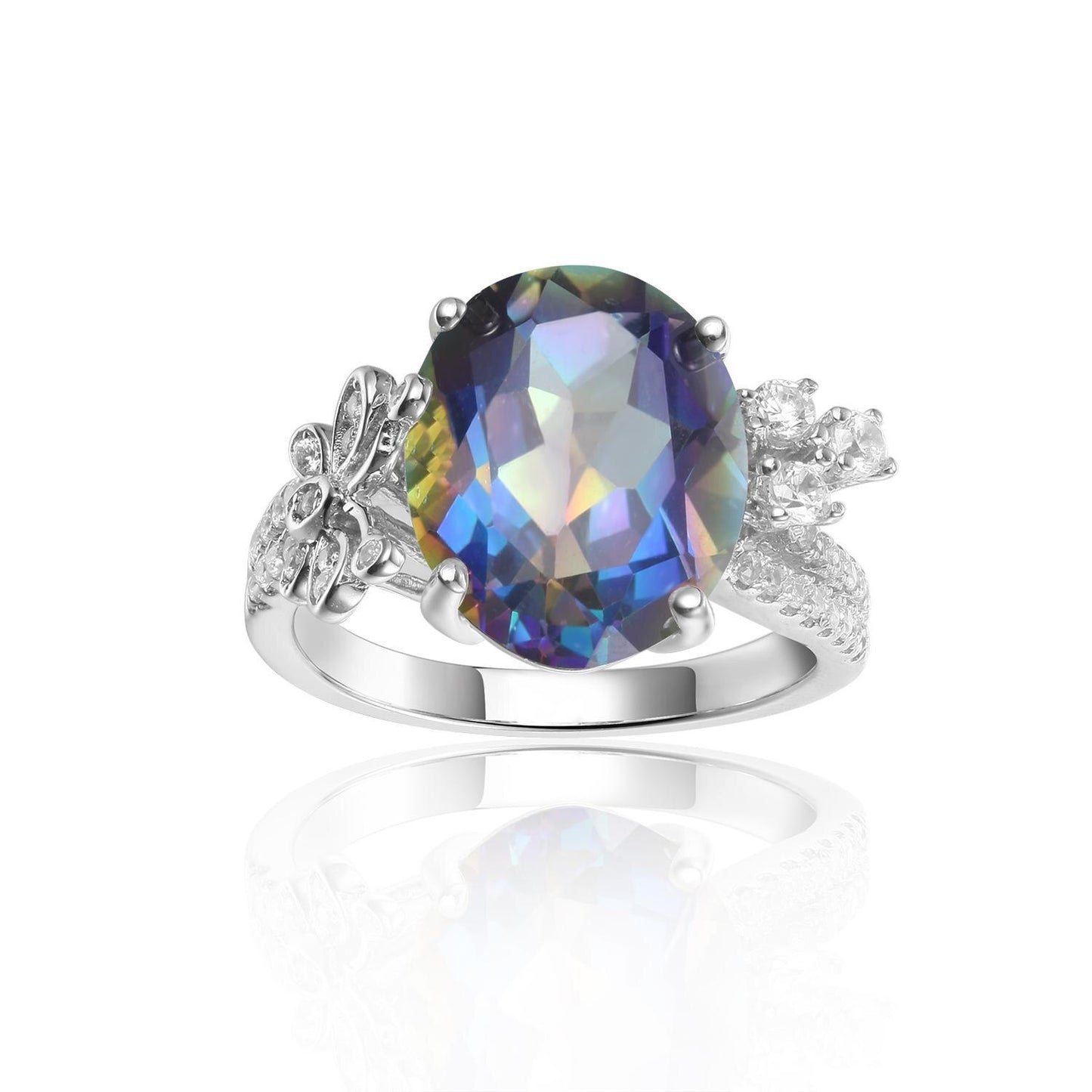 GEM&#39;S BALLET 4.36Ct 10x12mm Oval Rainbow Mystic Topaz Gemstone Promise Engagement Rings in Sterling Silver Gift For Her Blueish|925 Sterling Silver