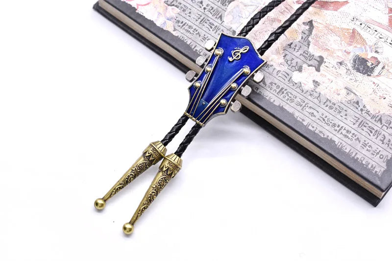 Popular guitar instrument genuine leather polo tie pendant necklace,adjustable,oil dripping technique,gift for music enthusiasts