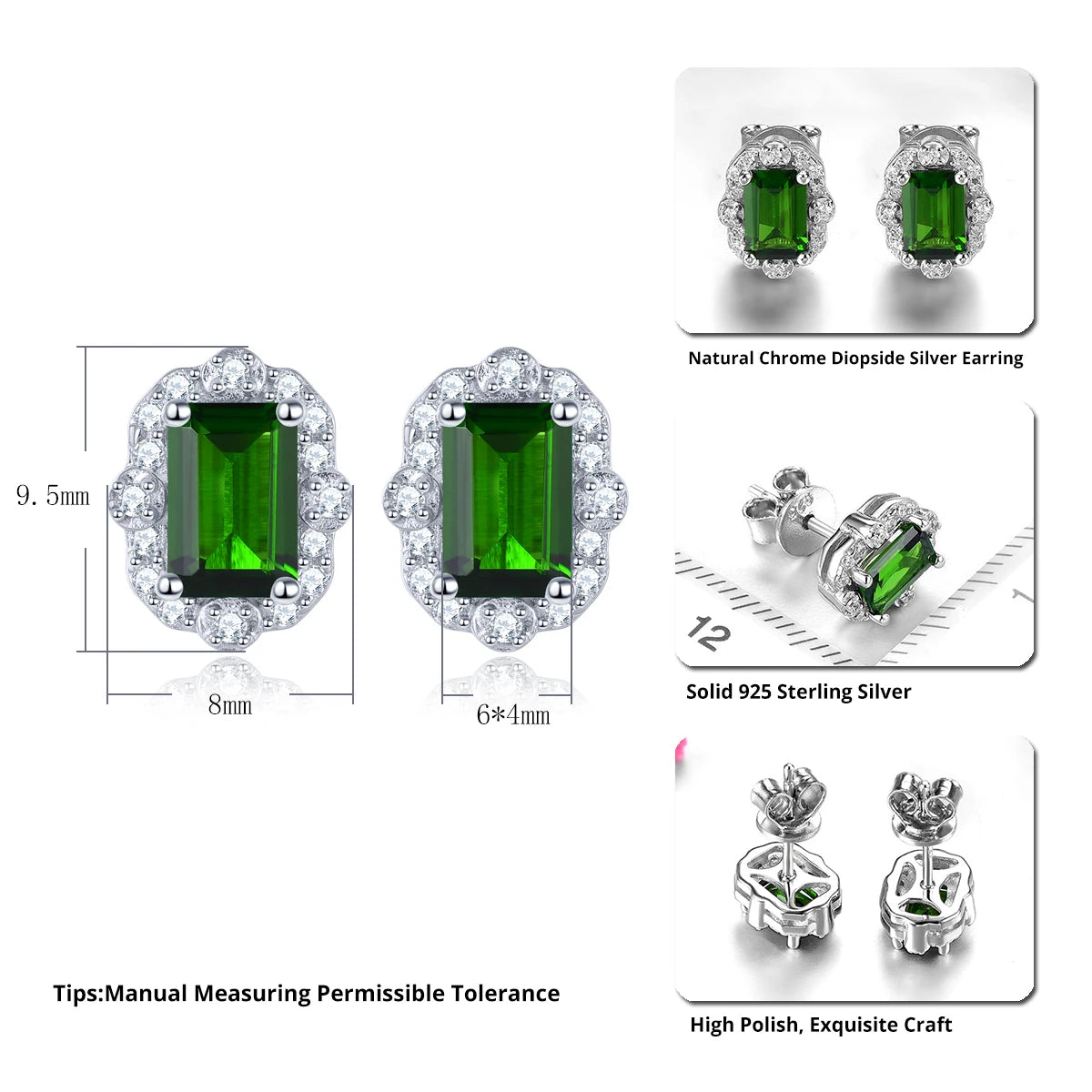 Natural Chrome Diopside Solid Silver Stud Earrings 1 Carat Octagon Cut Classic Genuine Gemstone Jewelrys Women Gifts Top Quality