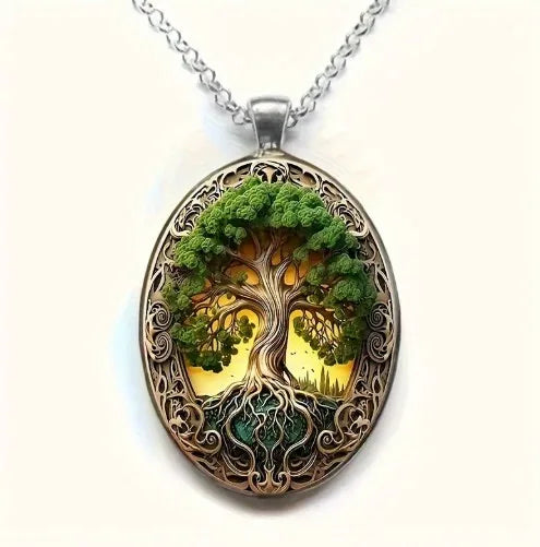 New Fashionable and Elegant Tree of Life Pattern Elliptical Glass Alloy Pendant Necklace Jewelry Wholesale