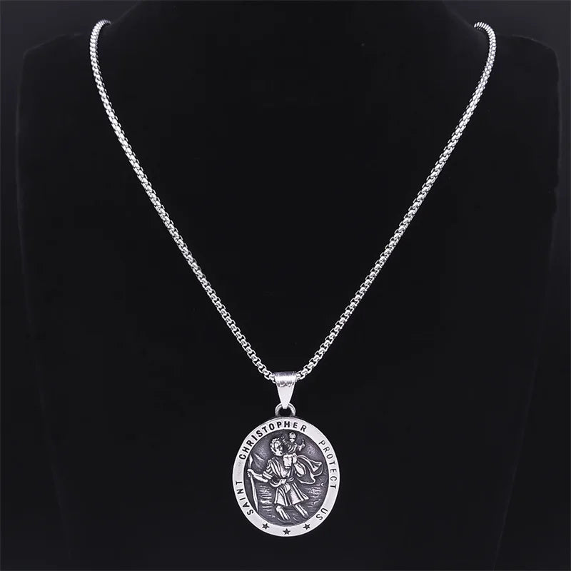 Saint Christopher Protect Us Cross Medal Necklace Stainless Steel Archangel Saints Protection Amulet Necklaces Jewelry NZZ303S05